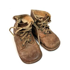 Antique 1920s Child Leather Lace Up Boots Shoes Primitive Farmhouse Decor